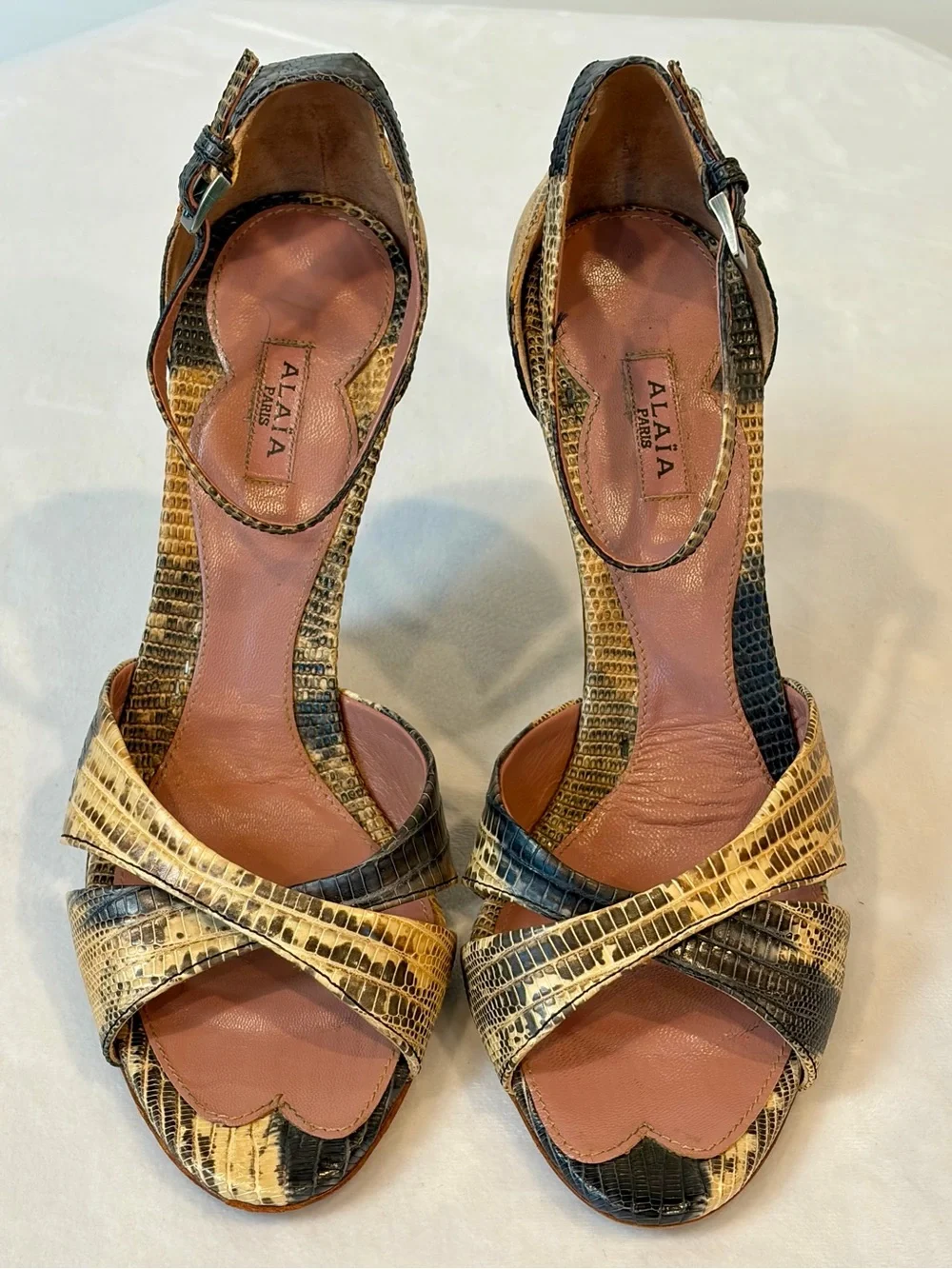 Alaïa Brown Snakeskin Heels, Wood Sculptural Wedge, ankle strap, brw/tan,38,EUC